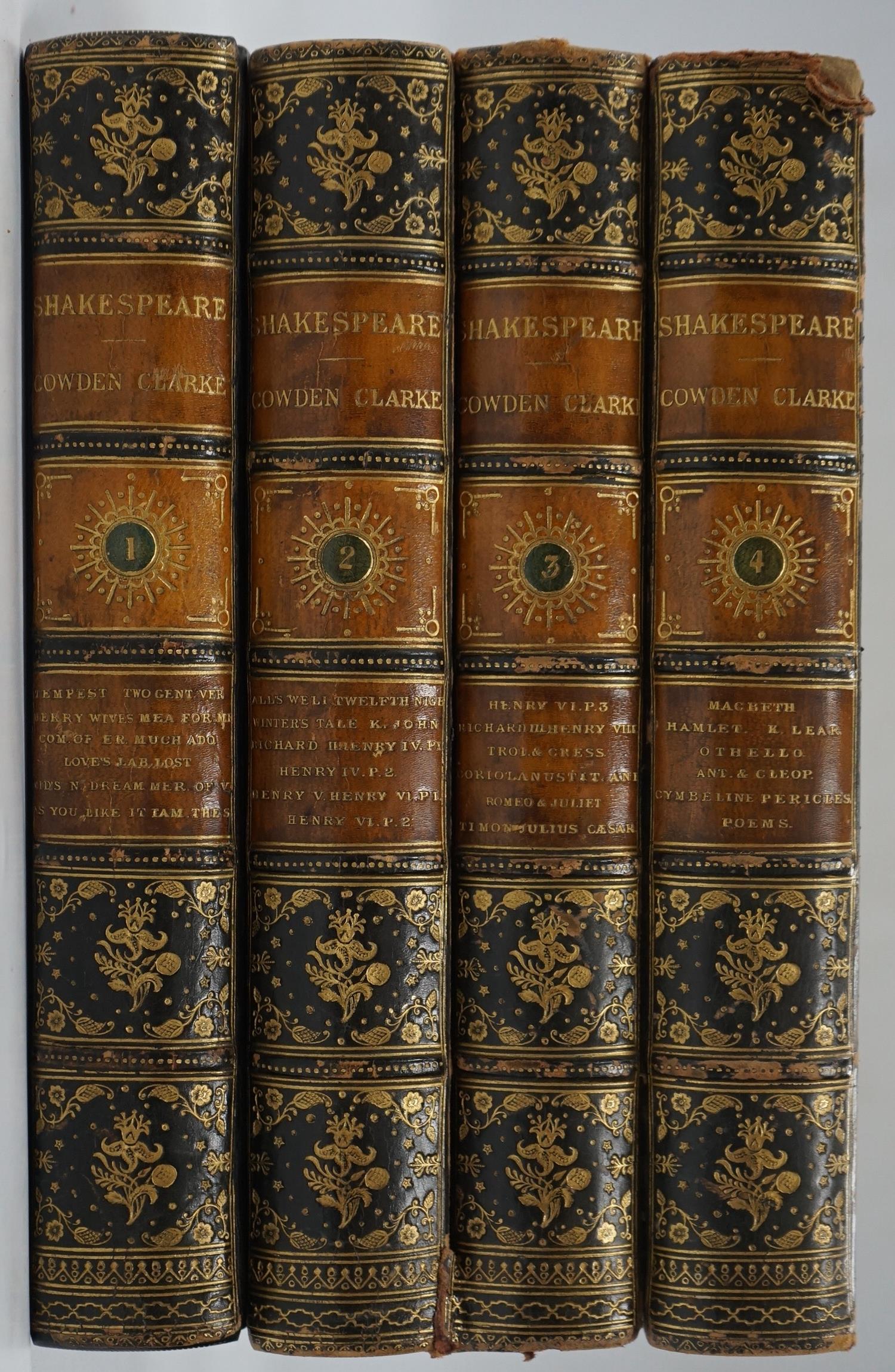 Shakespeare, William - The Works of ... Edited, with a scrupulous revision of the text, by Charles and Mary Cowden Clarke ... 4 vols. portrait frontis., titles printed in red and black; contemp. black polished calf, gilt